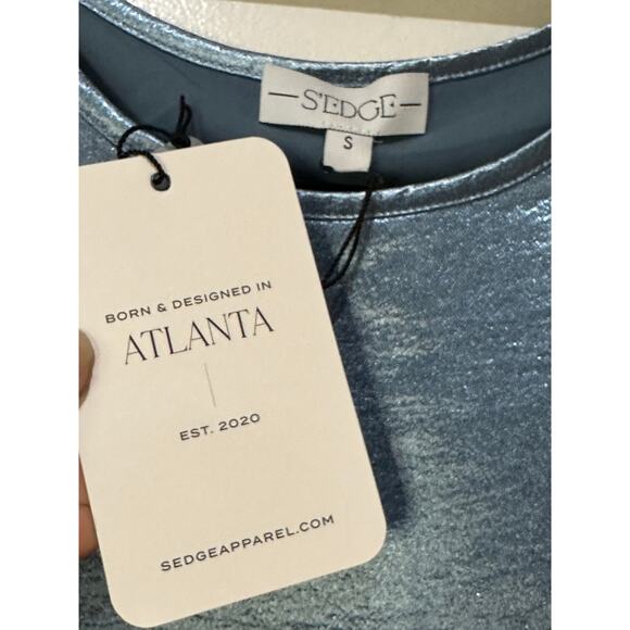 S'EDGE Easton Dress Metallic Blue Sateen Size Small NWT Tiered Short Sleeves - Picture 8 of 15